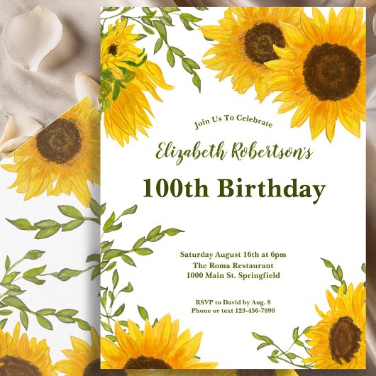 Watercolor Sunflowers Women's 100th Birthday  Einladung