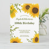 Watercolor Sunflowers Women's 100th Birthday  Einladung (Stehend Vorderseite)