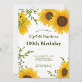 Watercolor Sunflowers Women's 100th Birthday  Einladung (Vorderseite)