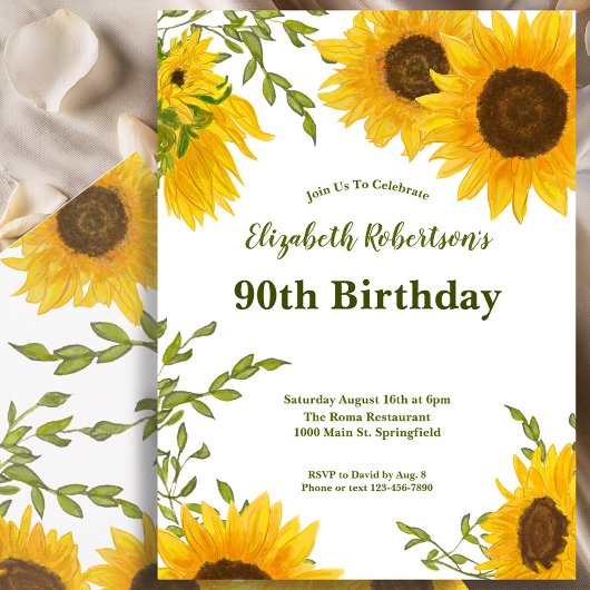 Watercolor Sunflowers Women's 90th Birthday  Einladung