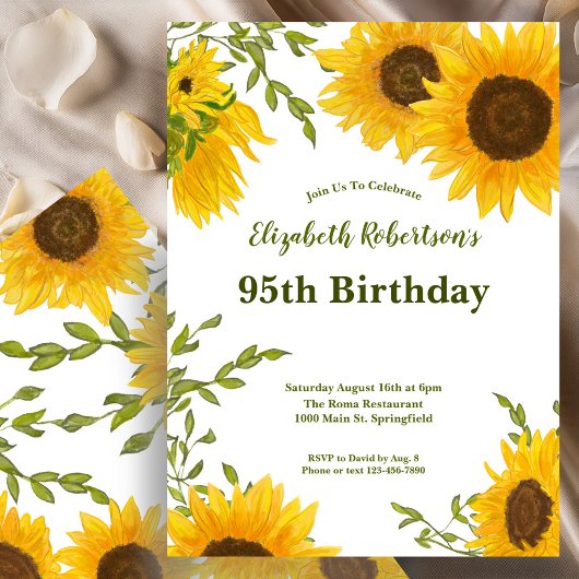 Watercolor Sunflowers Women's 95th Birthday  Einladung