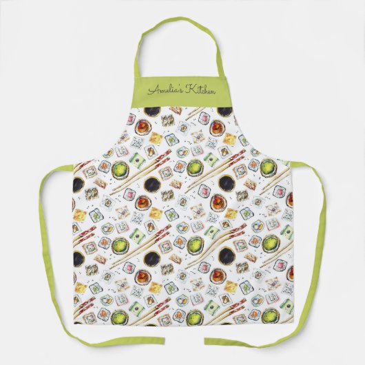 Watercolor Sushi Pattern White Green Schürze (Vorderseite)