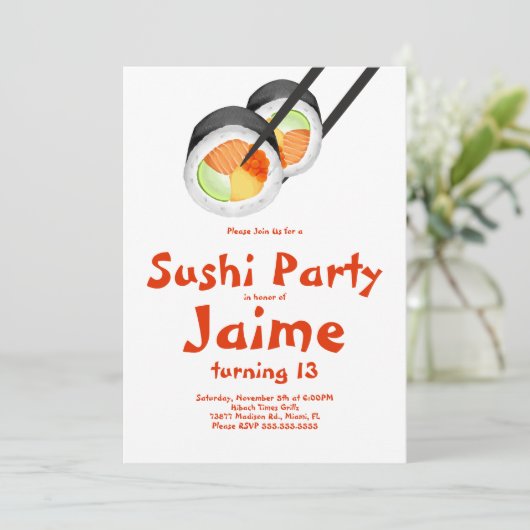Watercolor Sushi Rolls Teen Birthday Hibachi Einladung (Stehend Vorderseite)
