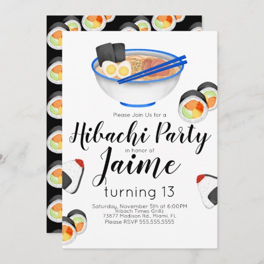 Watercolor Sushi Teen Birthday Hibachi Noodles Einladung (Vorne/Hinten)