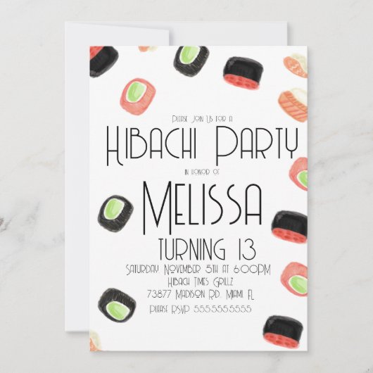 Watercolor Sushi Teen Birthday Hibachi Restaurant Einladung (Vorderseite)