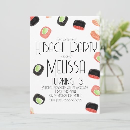 Watercolor Sushi Teen Birthday Hibachi Restaurant Einladung (Stehend Vorderseite)
