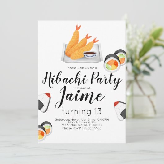 Watercolor Sushi Teen Birthday Hibachi Tempura Einladung (Stehend Vorderseite)