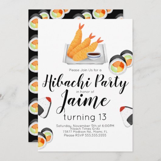 Watercolor Sushi Teen Birthday Hibachi Tempura Einladung (Vorne/Hinten)
