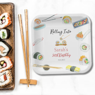 Watercolor Sushi und Sashimi Geburtstag Weiß Pappteller