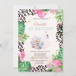 Watercolor Süßer Schwan Tropische Blumen Geburtsta Einladung