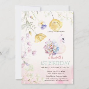 Watercolor Süßer Schwan Wildblumen Geburtstag Einladung