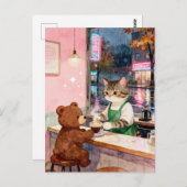Watercolor Tabby Cat Barista Serving Bear Postkarte (Vorne/Hinten)