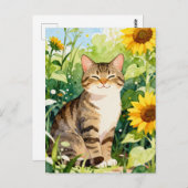 Watercolor Tabby Cat in Sunflower Garden Postkarte (Vorne/Hinten)