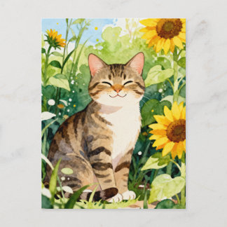 Watercolor Tabby Cat in Sunflower Garden Postkarte