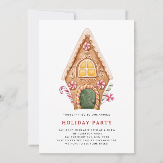 Watercolor Tall Gingerbrot House Holiday Party Einladung (Vorderseite)