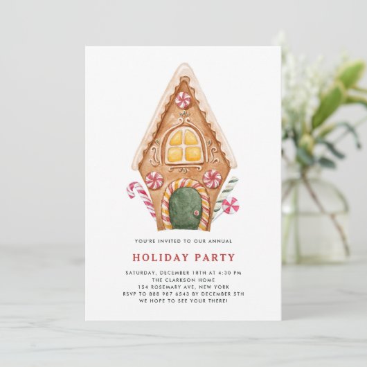 Watercolor Tall Gingerbrot House Holiday Party Einladung (Stehend Vorderseite)
