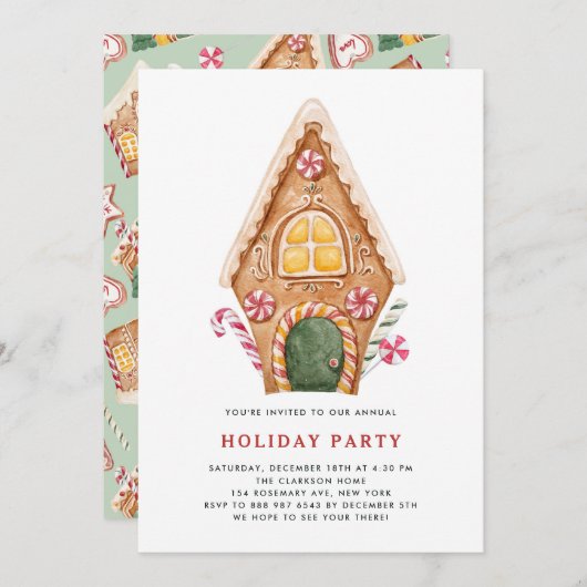 Watercolor Tall Gingerbrot House Holiday Party Einladung (Vorne/Hinten)