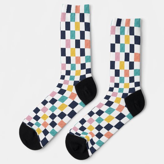 Watercolor Teal Coral Checkerboard Socken (Linkes Detail)