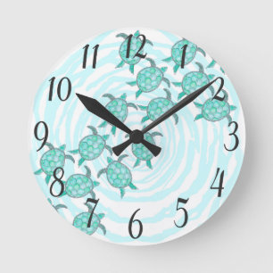 Watercolor Teal Sea Turtles on Swirly Stripes Runde Wanduhr