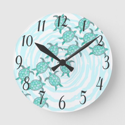 Watercolor Teal Sea Turtles on Swirly Stripes Runde Wanduhr (Vorderseite)