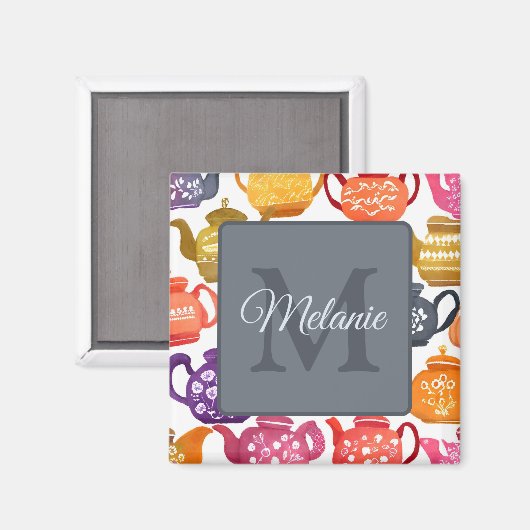 Watercolor Teapot Pattern Peronalised Monogram Magnet (Vorderseite/Rückseite)
