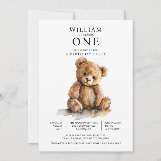 Watercolor Teddy Bear 1st Birthday Party Einladung (Vorderseite)