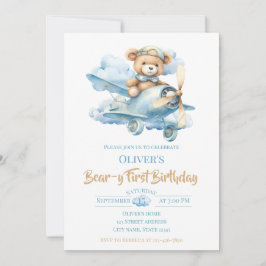 Watercolor Teddy Bear Aviator Bear-y First Birthda Einladung
