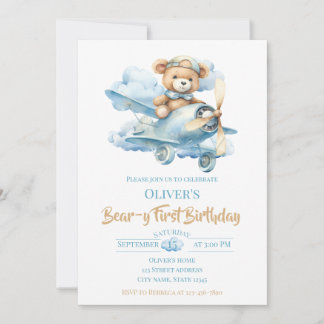 Watercolor Teddy Bear Aviator Bear-y First Birthda Einladung