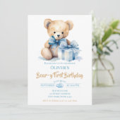 Watercolor Teddy Bear Bear-y First Birthday Party Einladung (Stehend Vorderseite)