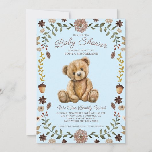 Watercolor Teddy Bear Boy Blue Baby Shower Einladung (Vorderseite)