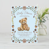 Watercolor Teddy Bear Boy Blue Baby Shower Einladung (Stehend Vorderseite)