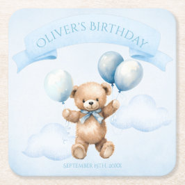 Watercolor Teddy Bear & Gift First Birthday Rechteckiger Pappuntersetzer
