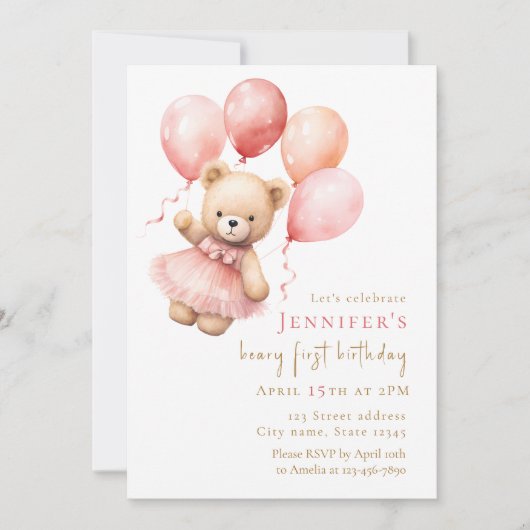 Watercolor Teddy Bear Girl 1st Birthday Einladung (Vorderseite)