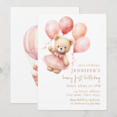 Watercolor Teddy Bear Girl 1st Birthday Einladung (Vorne/Hinten)
