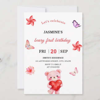 Watercolor Teddy Bear Girl 1st Birthday Invitation Einladung