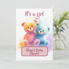 Watercolor Teddy Bear Girl Shower Pastel Card Feiertagskarte