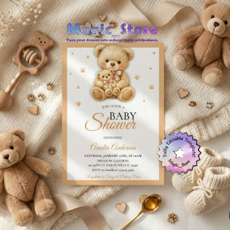 Watercolor Teddy Bear Mommy Cub Paws Baby Shower Einladung