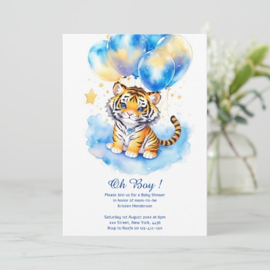 Watercolor Tiger Boy Baby Dusche Einladung (Stehend Vorderseite)