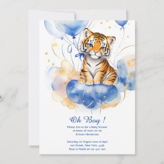 Watercolor Tiger Boy Baby Dusche Einladung (Vorderseite)