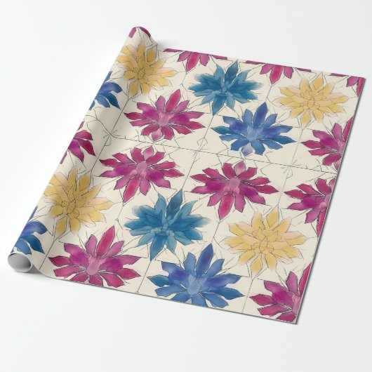 Watercolor Tile Flowers Wrapping Paper Geschenkpapier (Ungerollt)