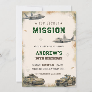 Watercolor Top Secret Military Mission Birthday Einladung
