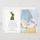 Watercolor Topiary Rabbit Baby boy Photo birthday Einladung (Vorne/Hinten)