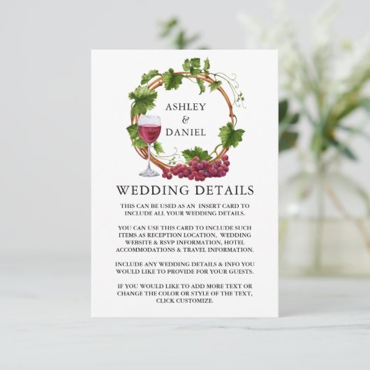 Watercolor Trauben Reben Holzkranz Angaben Hochzei Begleitkarte (Stehend Vorderseite)