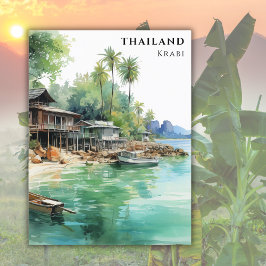 Watercolor Travel Beach Ocean Thailand Krabi Postkarte