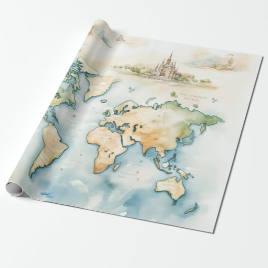 Watercolor Travel Map Geschenkpapier (Ungerollt)