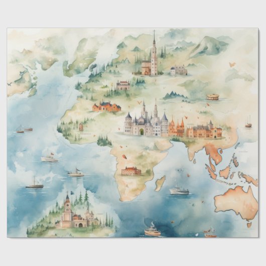 Watercolor Travel Map Geschenkpapier (Flach)