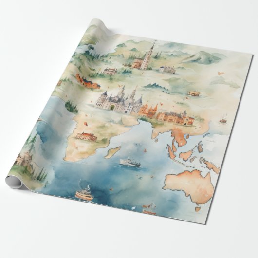 Watercolor Travel Map Geschenkpapier (Ungerollt)