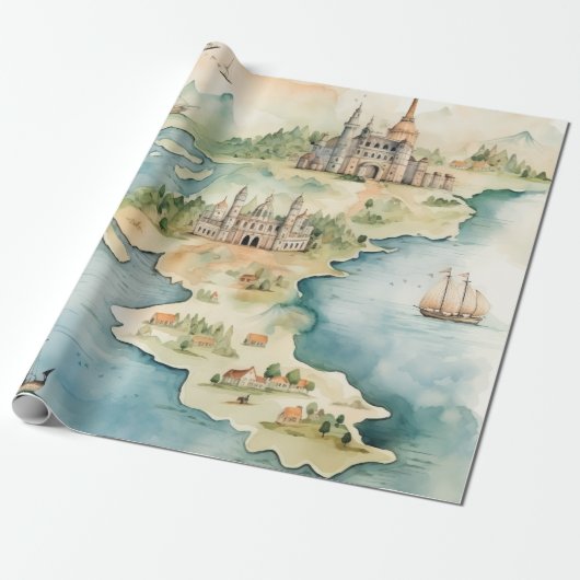 Watercolor Travel Map Geschenkpapier (Ungerollt)