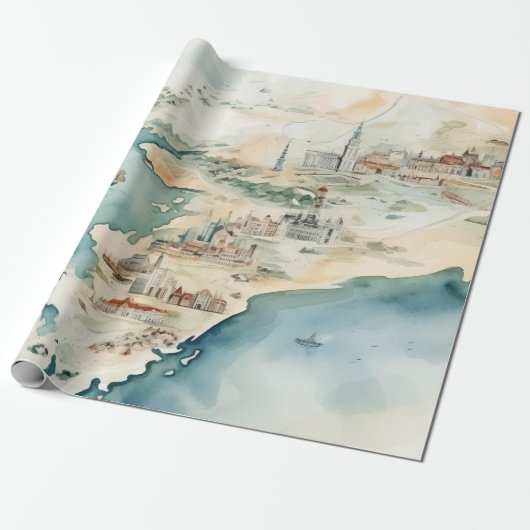 Watercolor Travel Map Geschenkpapier (Ungerollt)