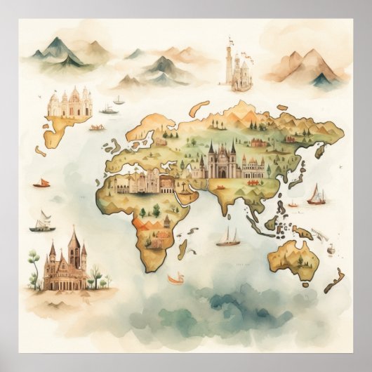 Watercolor Travel Map Poster (Vorne)